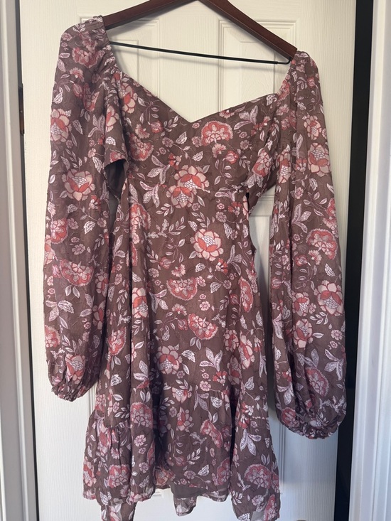 Dynamite Dresses & Skirts - Dynamite Brown Floral Puff-Sleeve Mini Dress